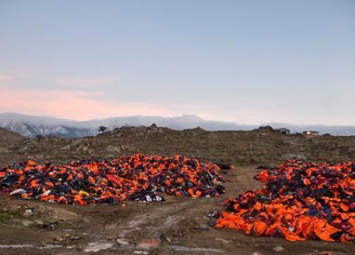 Life jackets on a beach in Greece