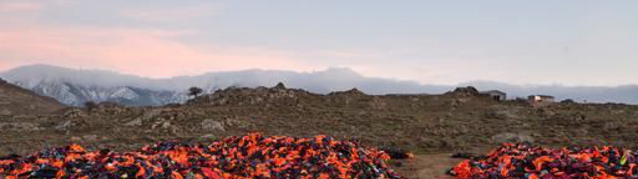 Life jackets on a beach in Greece