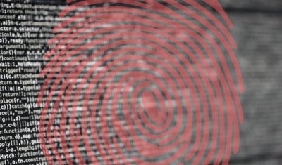 Picture of various lines of code on black background with a red digital fingerprint 