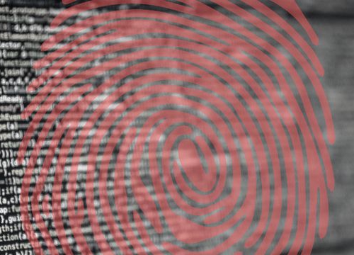 Picture of various lines of code on black background with a red digital fingerprint 