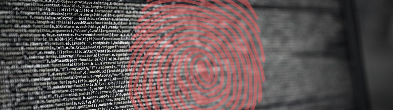 Picture of various lines of code on black background with a red digital fingerprint 