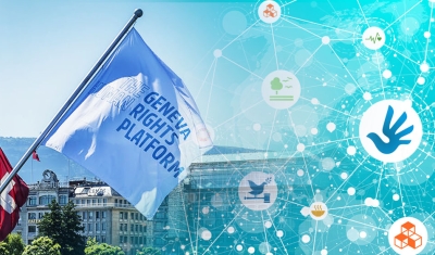 Geneva Human Rights Platform Flag on Bridge in Geneva