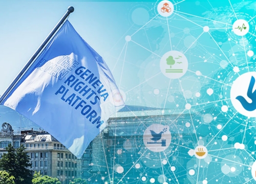 Geneva Human Rights Platform Flag on Bridge in Geneva