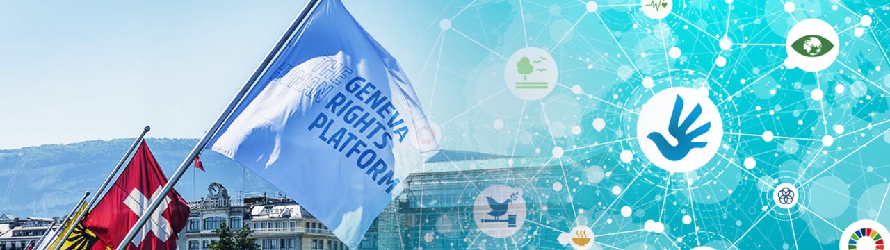 Geneva Human Rights Platform Flag on Bridge in Geneva