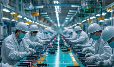 Asian workers working at technology production factory with industrial machines
