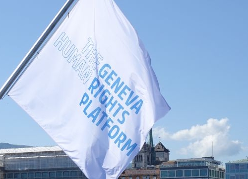 Flags of the Geneva Human Rights Platform on the Mont-Blanc Bridge