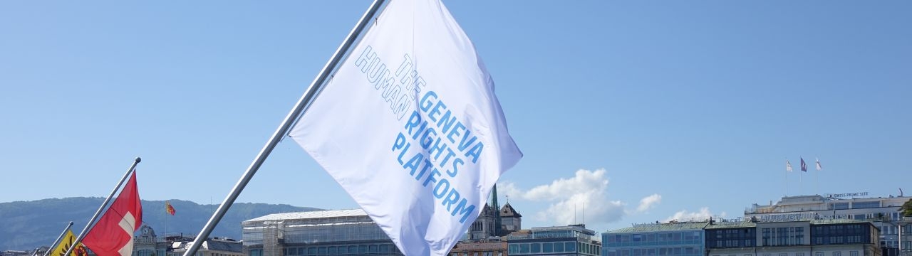 Flags of the Geneva Human Rights Platform on the Mont-Blanc Bridge