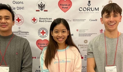 Stephen Hare with his teammates with Moneyneath Men and Rattanak Borin from the Royal University of Law and Economics, Pnomh Penh.