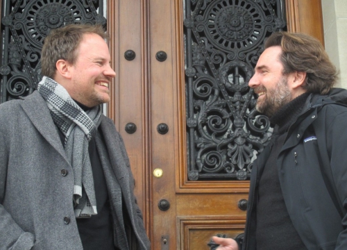 Frank Haldemann and Thomas Unger in front of the Geneva Academy's headquarters.
