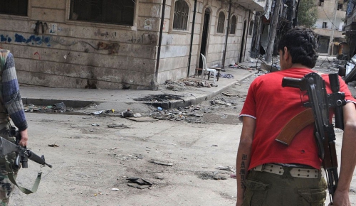 Syria, Aleppo, Sheikh Massoud neighbourhood, near the frontline. Fighters of the Free Syrian Army.