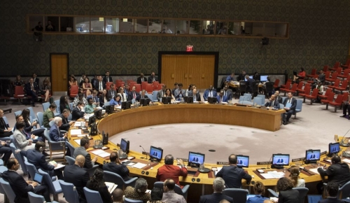 On the screen, on the screen is Peter Maurer, President of the International Committee of the Red Cross (ICRC), briefing the Security Council on the 70th Anniversary of Geneva Conventions.